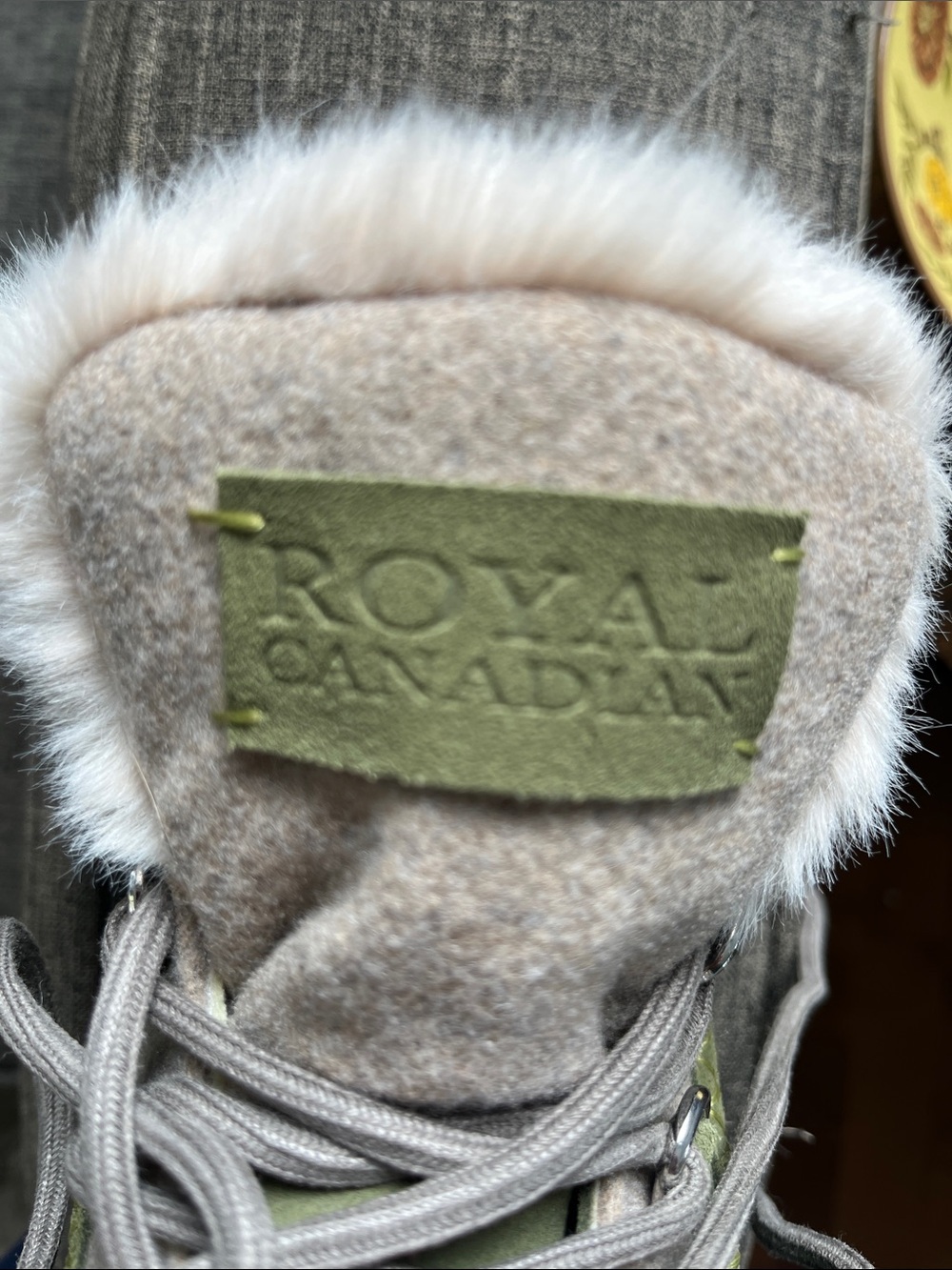 Royal Doulton Olive Green Suede Winter Lace-Up Boots with Cream Faux-Fur Collar - Picture 3 of 3